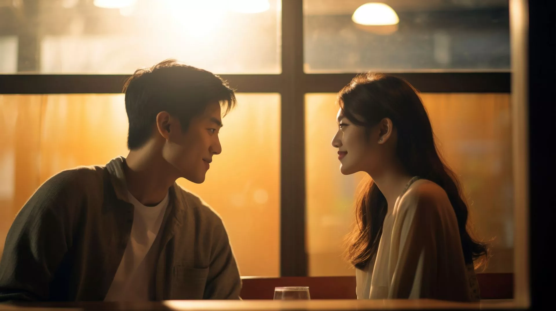 在溫暖燈光下對坐交流的男女，象徵包養關係中第一次見面溝通條款與界線、建立穩定長期包養互動的過程